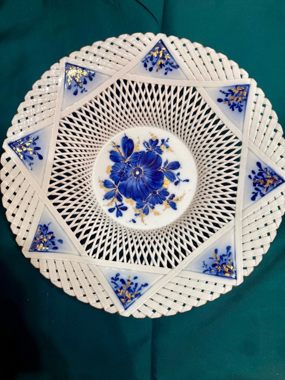 Vintage Sumi Romania Blue Floral Reticulated Porcelain Basket - Signed Handmade